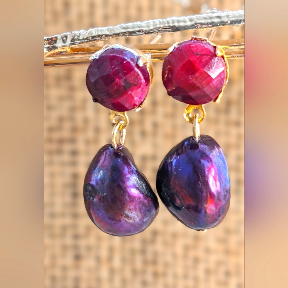 6 Total Carats Natural Ruby & Wine Baroque Pearl Earrings in Yellow Gold Plated